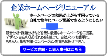 企業ホームページリニューアル：ホームページの効果が上がらない、自社で簡単にページ更新したい貴社へ。デザイン自在のCMS：Drupalを活用したご提案を行います。